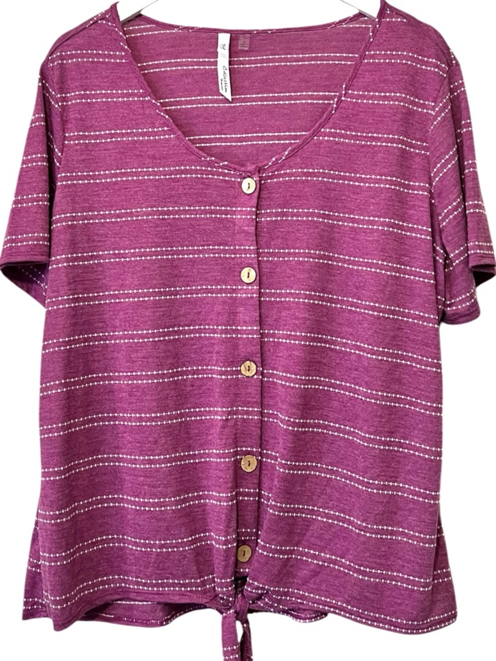 NY Collections Button Down Top Short Sleeve Tie Front, Purple & White, Size 2X